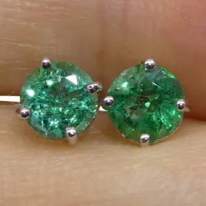 0.73ct Pair Round Green Emerald Stud Earrings set in 14k White Gold
