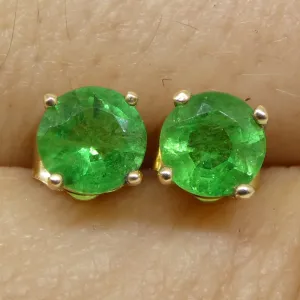 0.87ct Round Green Emerald Stud Earrings set in 14k Yellow Gold