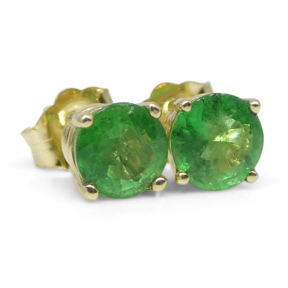 0.87ct Round Green Emerald Stud Earrings set in 14k Yellow Gold