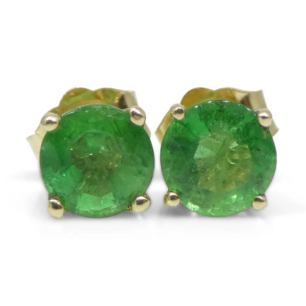 0.87ct Round Green Emerald Stud Earrings set in 14k Yellow Gold