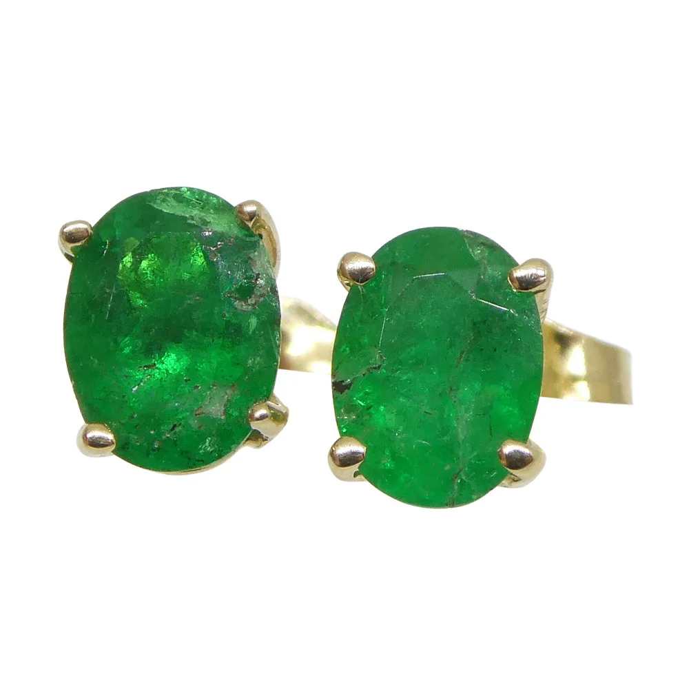 0.96ct Oval Green Colombian Emerald Stud Earrings set in 14k Yellow Gold