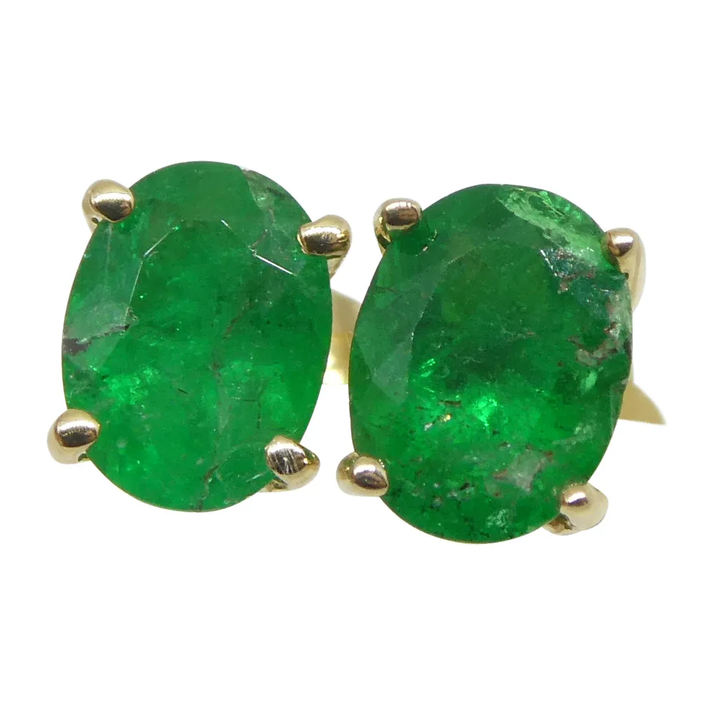 0.96ct Oval Green Colombian Emerald Stud Earrings set in 14k Yellow Gold