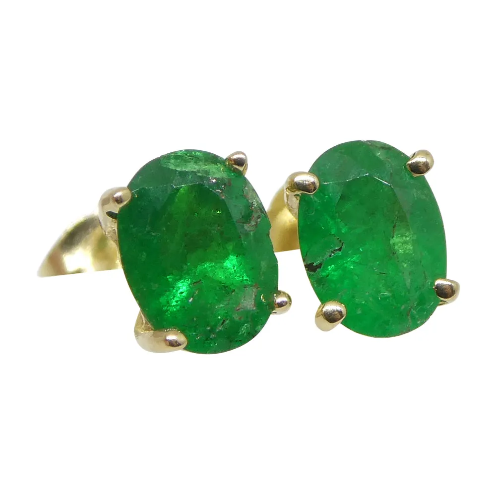0.96ct Oval Green Colombian Emerald Stud Earrings set in 14k Yellow Gold