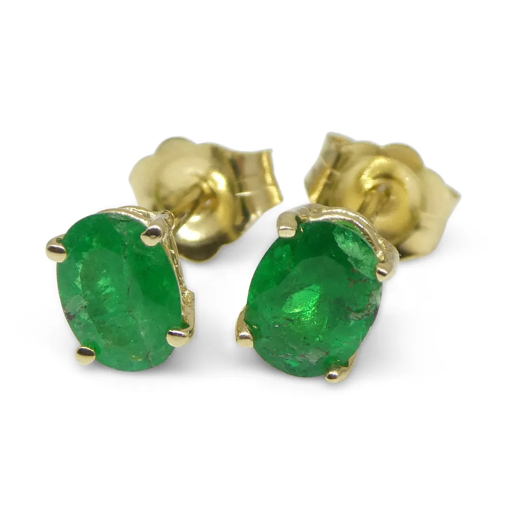 0.96ct Oval Green Colombian Emerald Stud Earrings set in 14k Yellow Gold