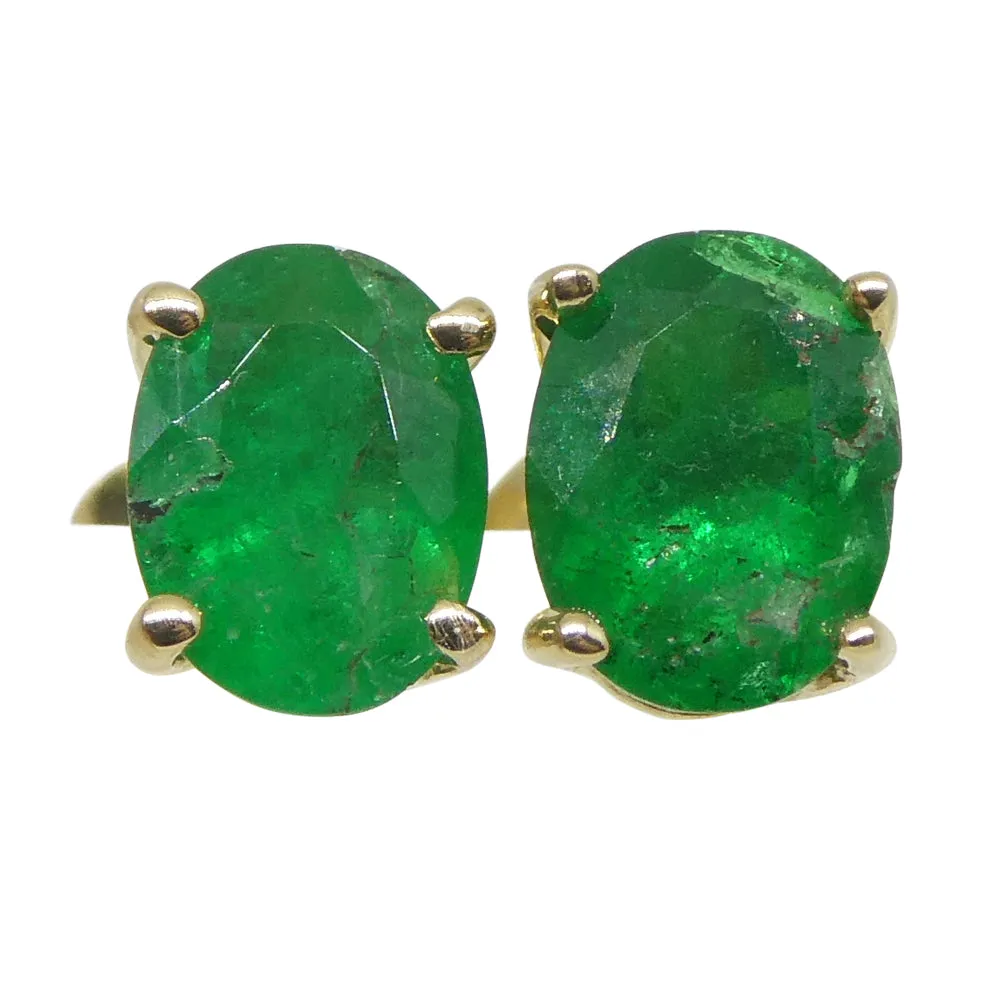 0.96ct Oval Green Colombian Emerald Stud Earrings set in 14k Yellow Gold