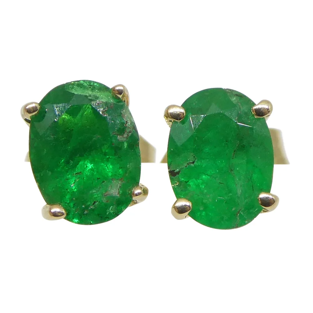 0.96ct Oval Green Colombian Emerald Stud Earrings set in 14k Yellow Gold
