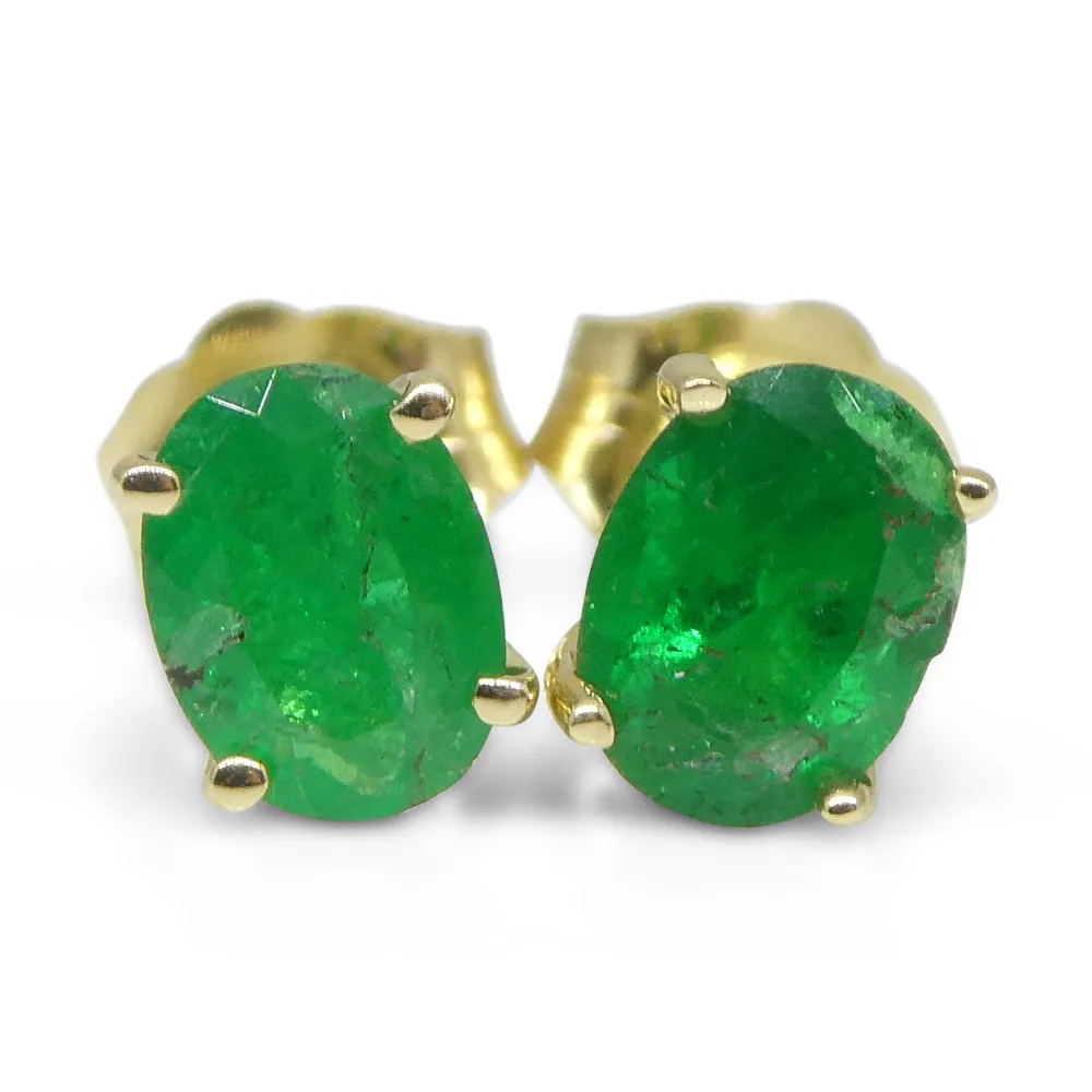 0.96ct Oval Green Colombian Emerald Stud Earrings set in 14k Yellow Gold