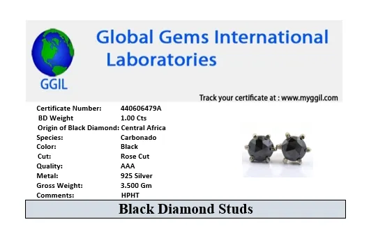 1 Ct Each, Certified Rose Cut Black Diamond Solitaire Studs in 925 Silver, Great Sparkle & Luster