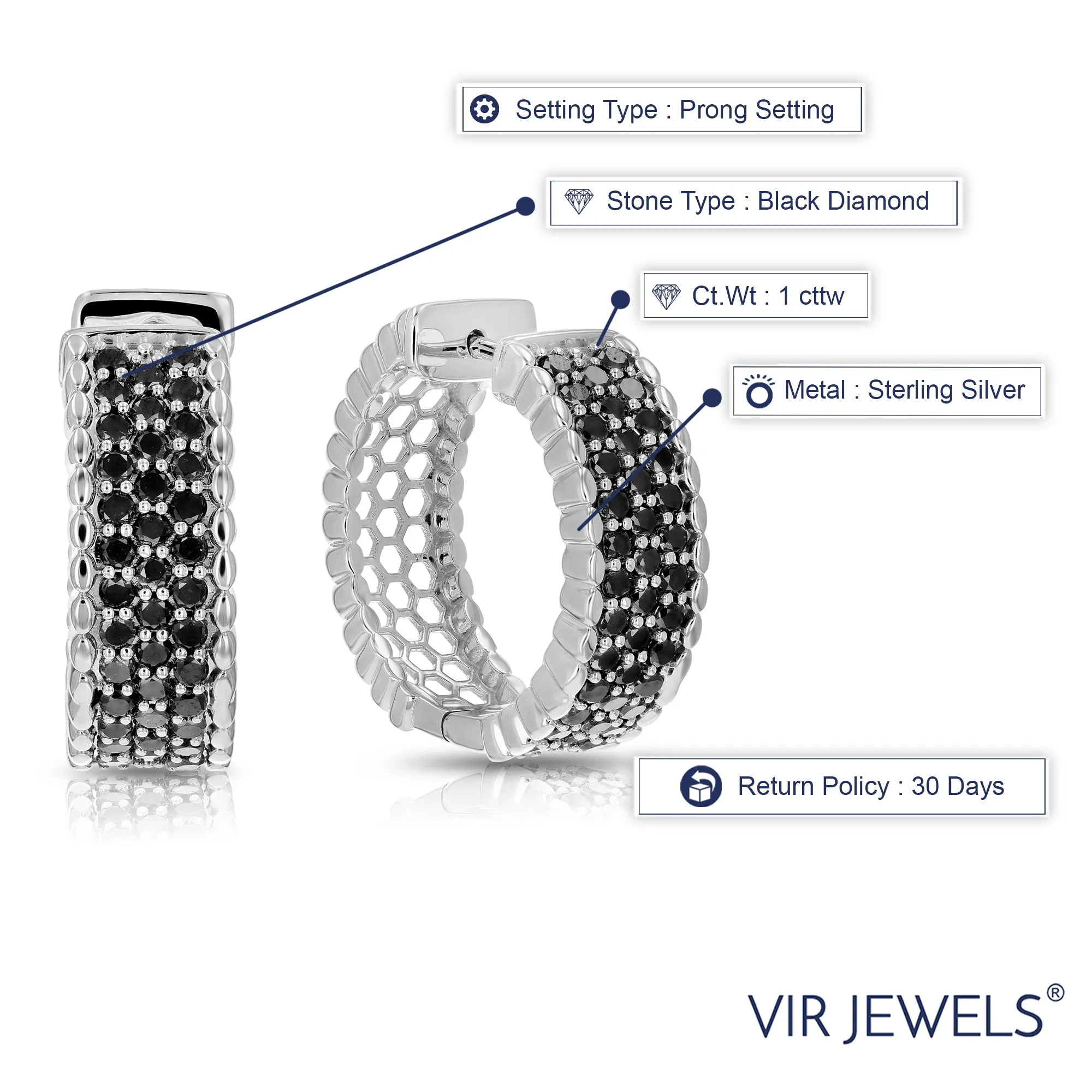 1 cttw Black Diamond Milgrain Hoop Earrings in Sterling Silver