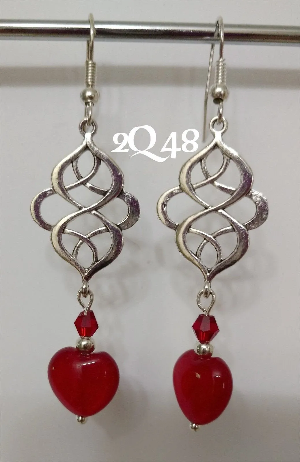 10% OFF- 2 pcs Certified Natural Jadeite Emerald A*Jade HandCarved A Pair of Red Jade Heart LOVE Dangle 925 Stamped S. Silver Hook Earrings