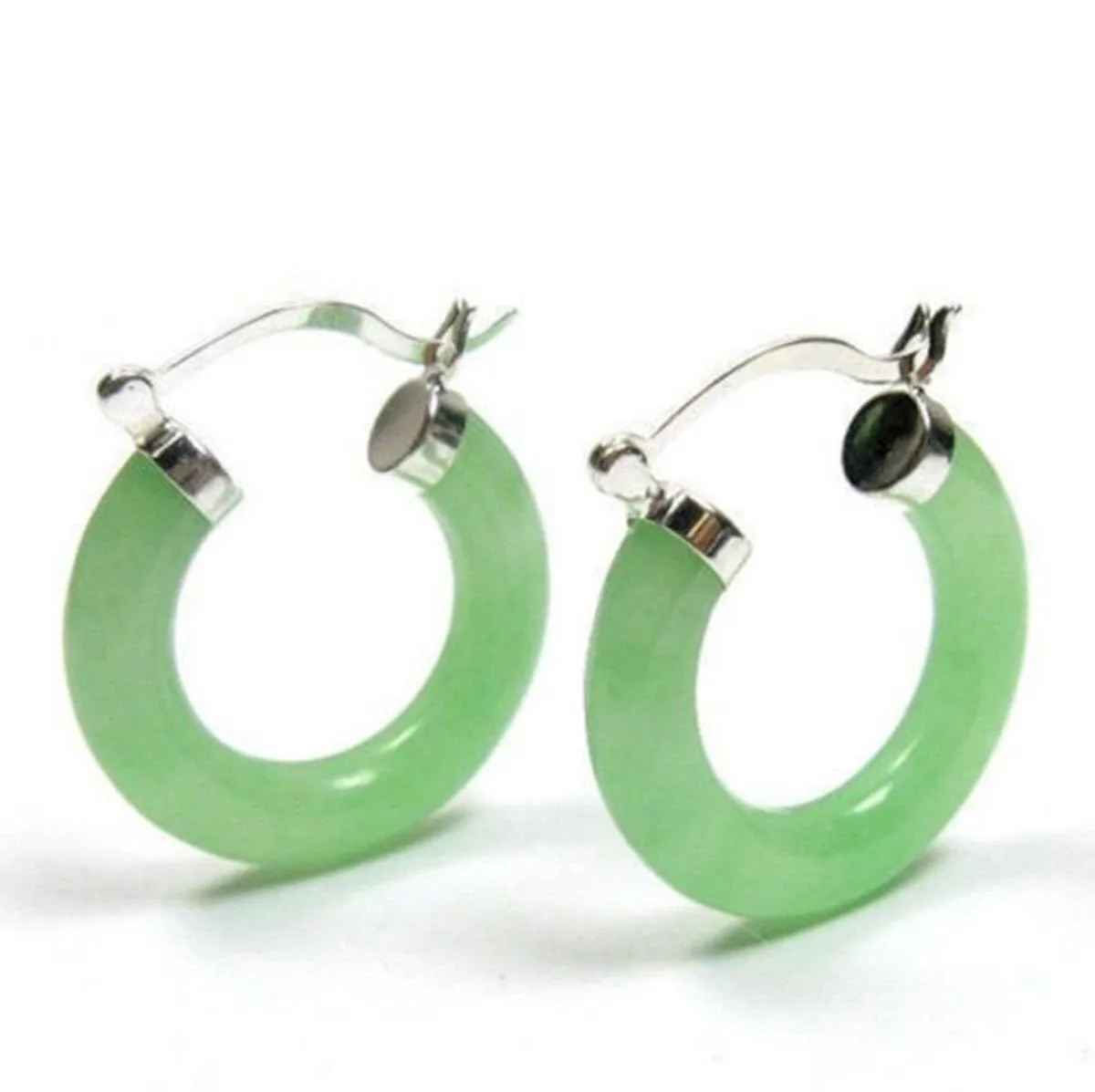 10% OFF- A Pair of Solid Sterling Silver 925 Good Luck Green Jadeite A Jade Silver Snap Closure Hoop Earrings