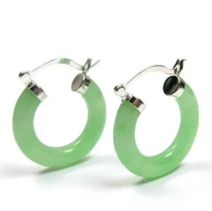 10% OFF- A Pair of Solid Sterling Silver 925 Good Luck Green Jadeite A Jade Silver Snap Closure Hoop Earrings
