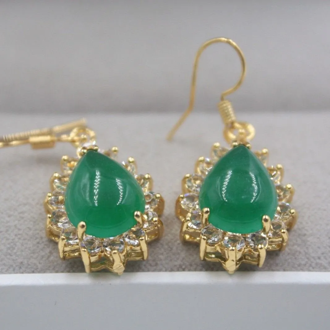 10% OFF- Certified Natural Jadeite Emerald A Jade Handcarved Lovely Green Jade Pear Shape Dangle Earrings 18K GP 32mm H