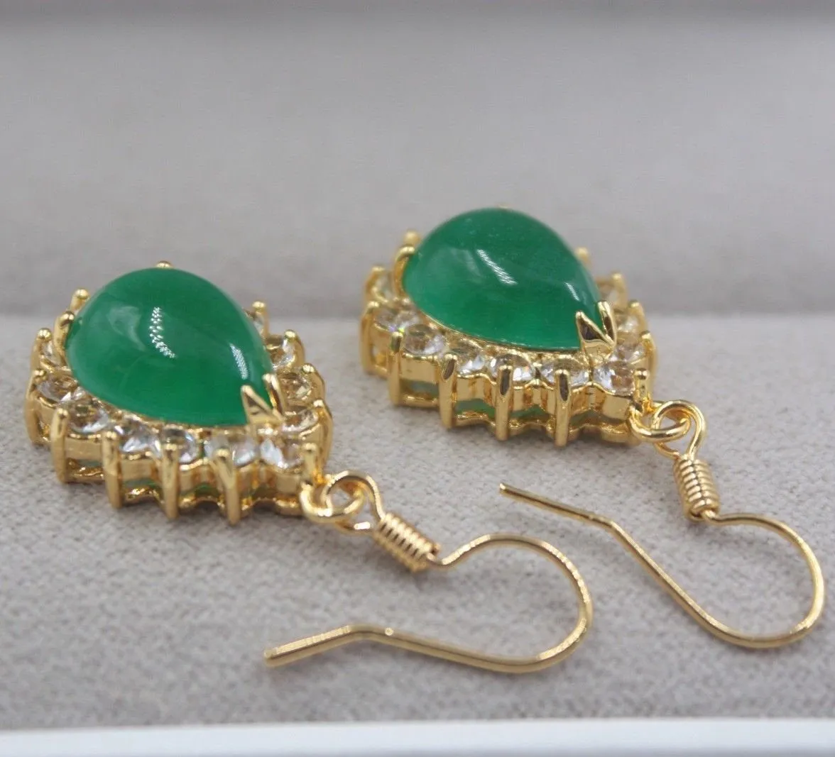 10% OFF- Certified Natural Jadeite Emerald A Jade Handcarved Lovely Green Jade Pear Shape Dangle Earrings 18K GP 32mm H