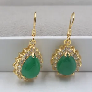 10% OFF- Certified Natural Jadeite Emerald A Jade Handcarved Lovely Green Jade Pear Shape Dangle Earrings 18K GP 32mm H