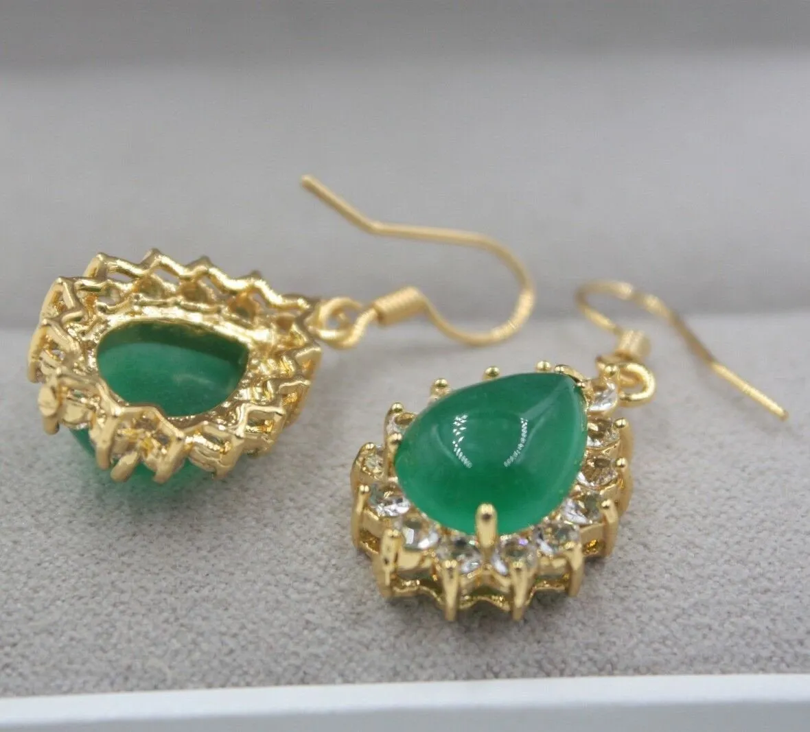 10% OFF- Certified Natural Jadeite Emerald A Jade Handcarved Lovely Green Jade Pear Shape Dangle Earrings 18K GP 32mm H