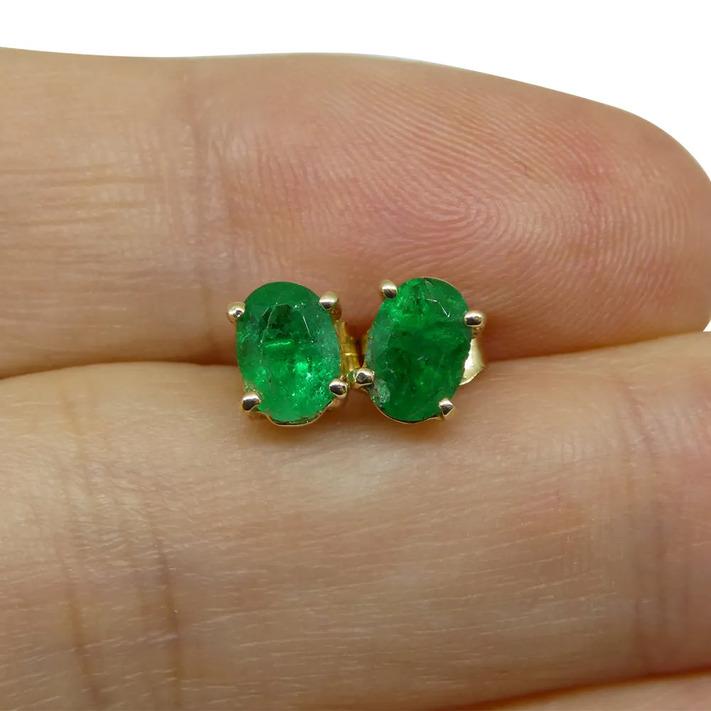 1.03ct Oval Green Colombian Emerald Stud Earrings set in 14k Yellow Gold