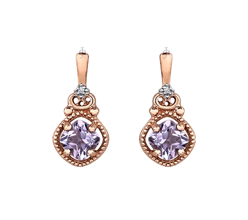 10K Rose Gold Pink Amethyst and Diamond Earrings