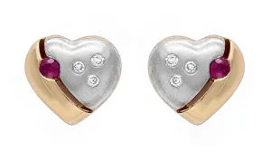 10k Two Tone Gold Heart Earrings Round Ruby & Diamonds Stud Earrings