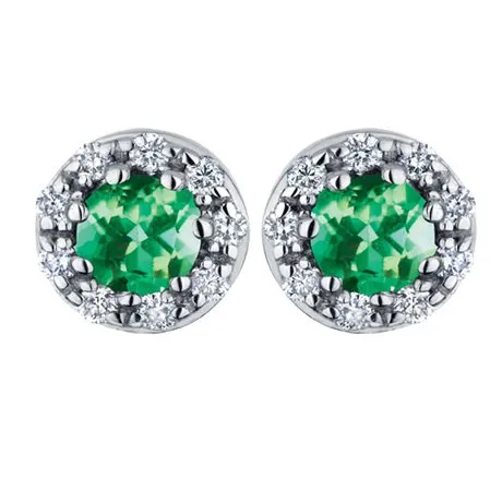 10K White Gold Emerald and Diamond Halo Stud Earrings
