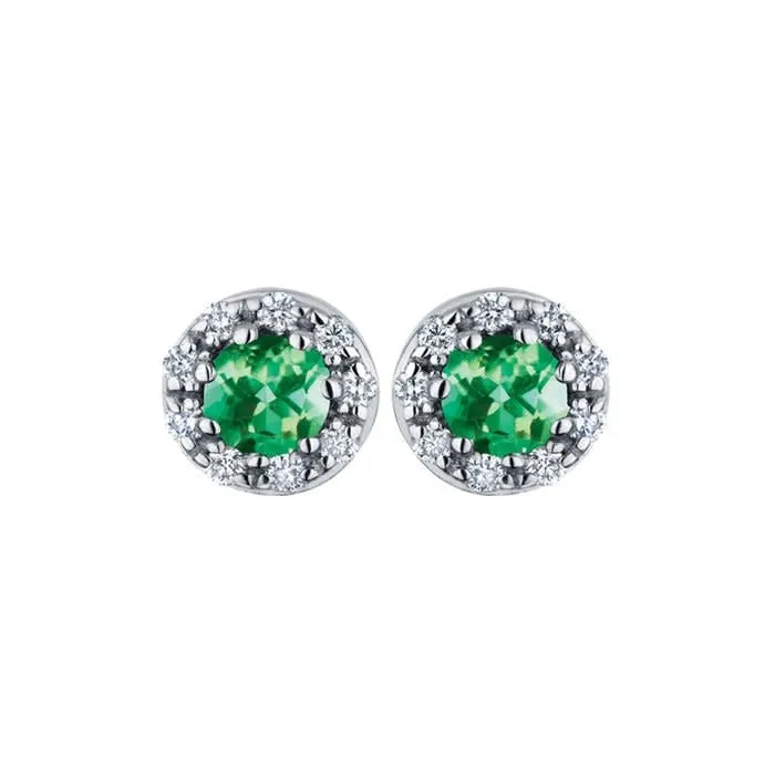 10K White Gold Emerald and Diamond Halo Stud Earrings
