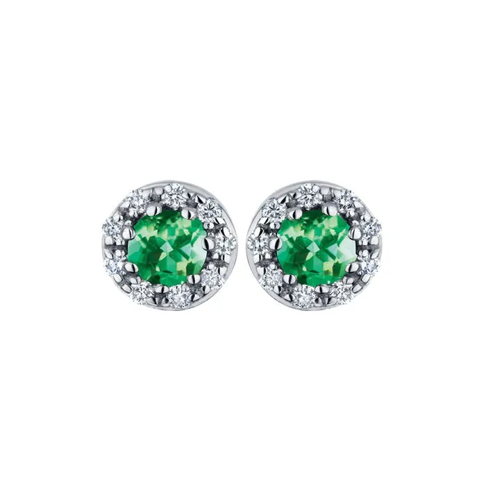 10K White Gold Emerald and Diamond Halo Stud Earrings