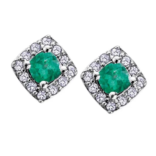 10K White Gold (May) Birthstone Emerald and Diamond Halo Stud Earrings
