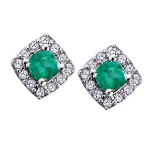 10K White Gold (May) Birthstone Emerald and Diamond Halo Stud Earrings
