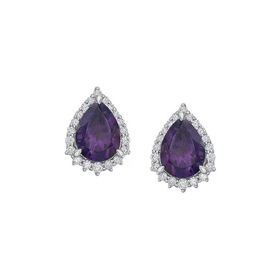 10K White Gold Pear Shaped Amethyst and Halo Diamond Earrings