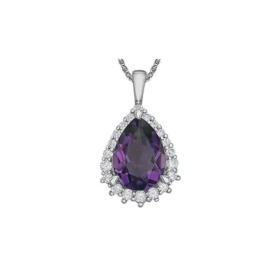 10K White Gold Pear Shaped Amethyst and Halo Diamond Pendant