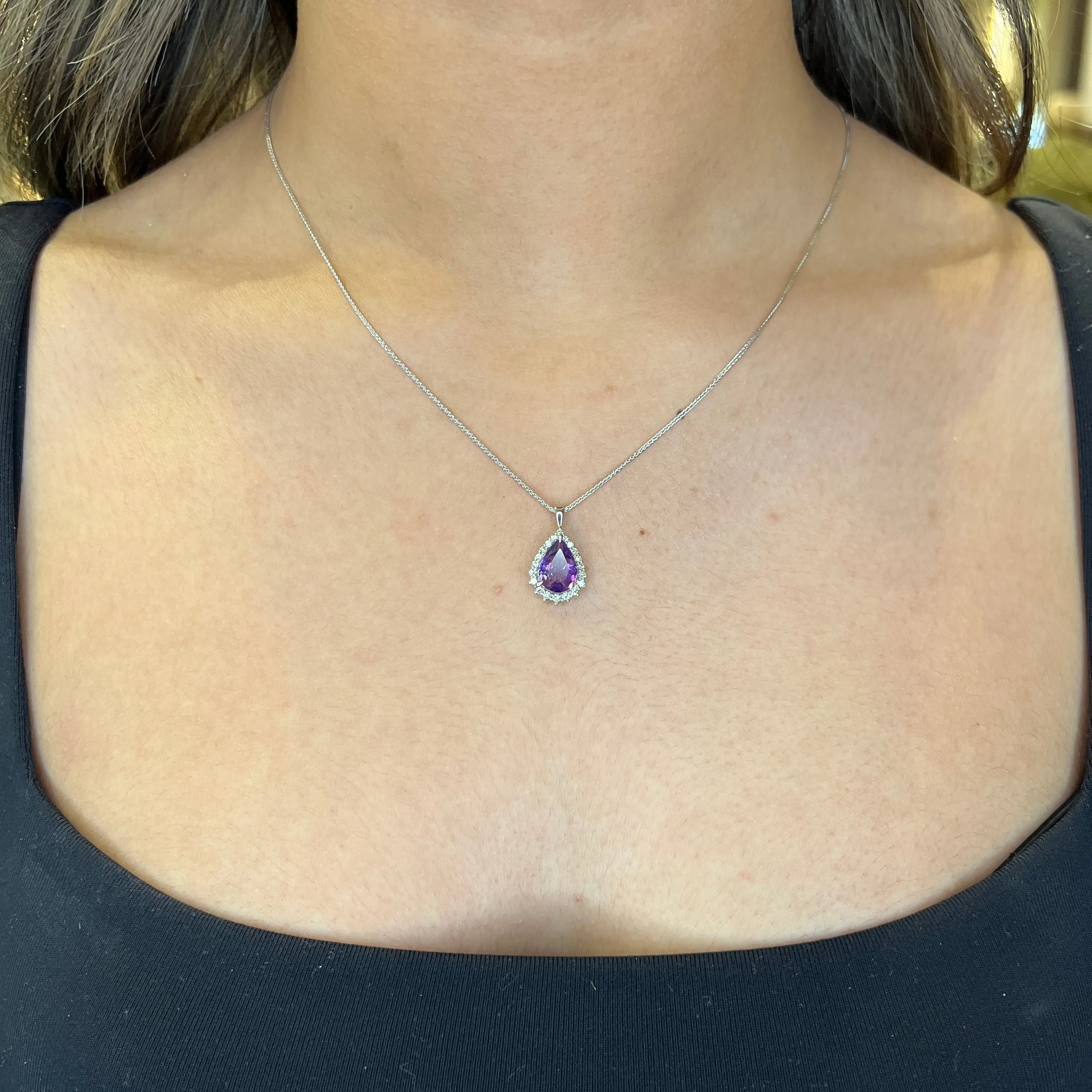 10K White Gold Pear Shaped Amethyst and Halo Diamond Pendant