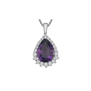 10K White Gold Pear Shaped Amethyst and Halo Diamond Pendant