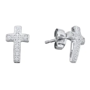 10K White Gold Round Diamond Cross Cluster Earrings 1/10 Cttw