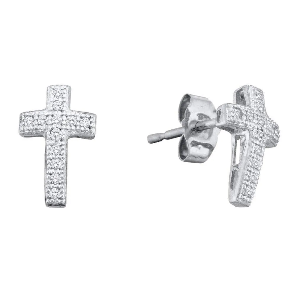 10K White Gold Round Diamond Cross Cluster Earrings 1/10 Cttw