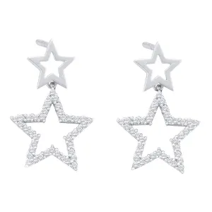 10K White Gold Round Diamond Double Star Dangle Screwback Earrings 1/4 Cttw