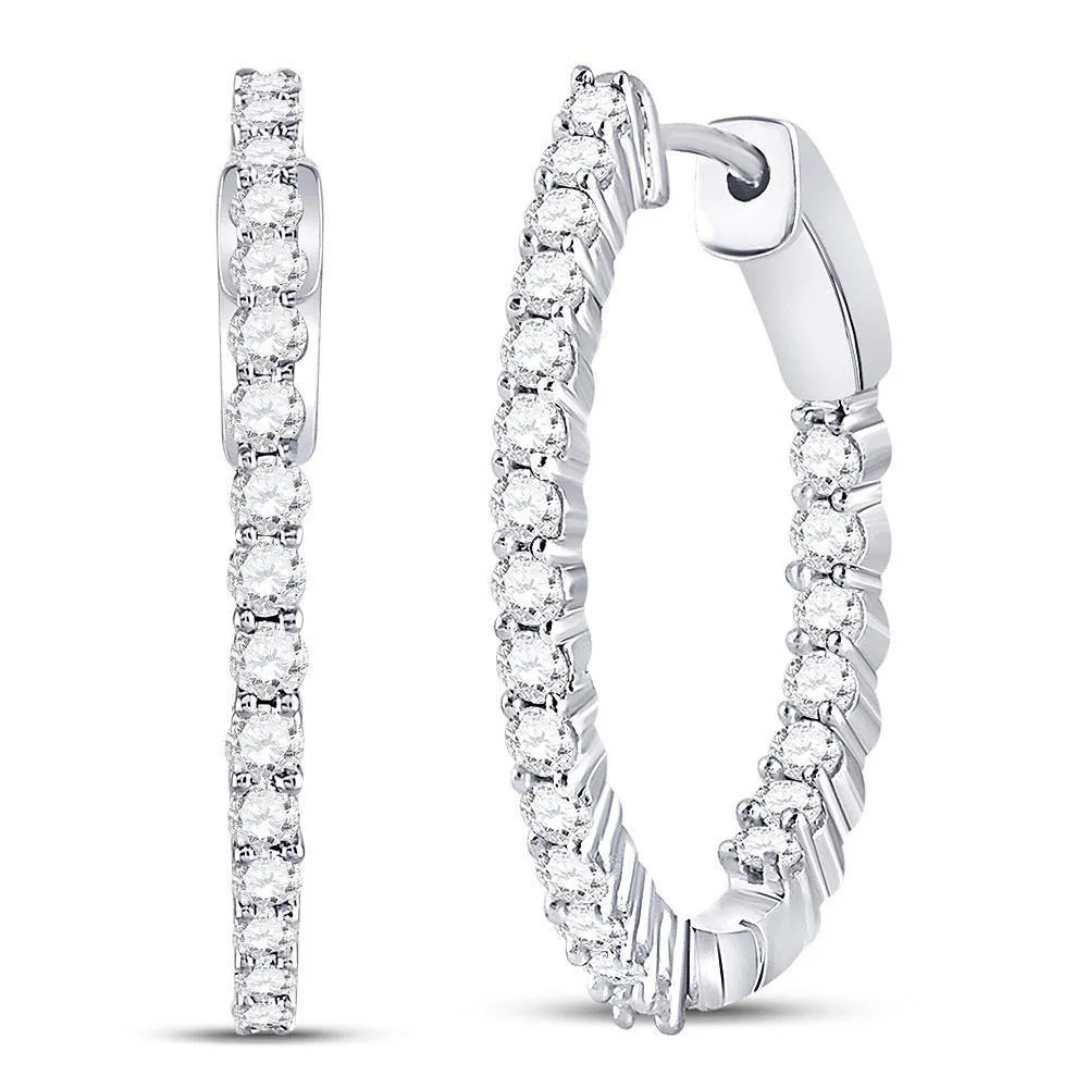 10K White Gold Round Diamond Inside Outside Hoop Earrings 2.00 Cttw