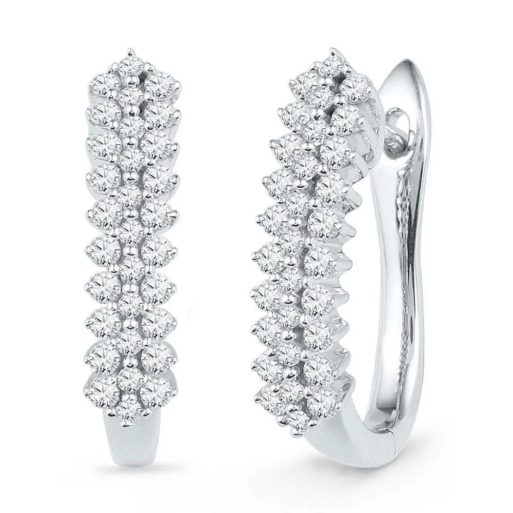 10K White Gold Round Diamond Oblong Hoop Earrings 1/2 Cttw