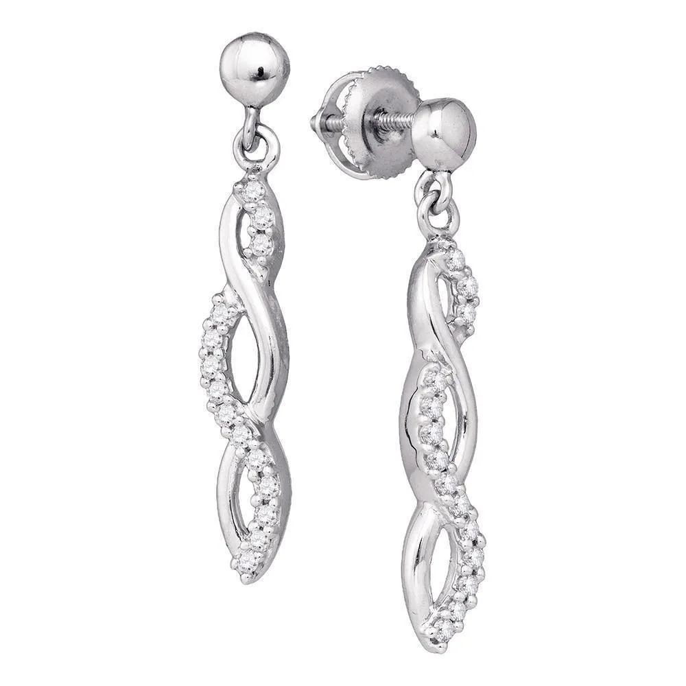 10k White Gold Round Pave-set Diamond Journey Dangle Screwback Stud Earrings 1/4 Cttw