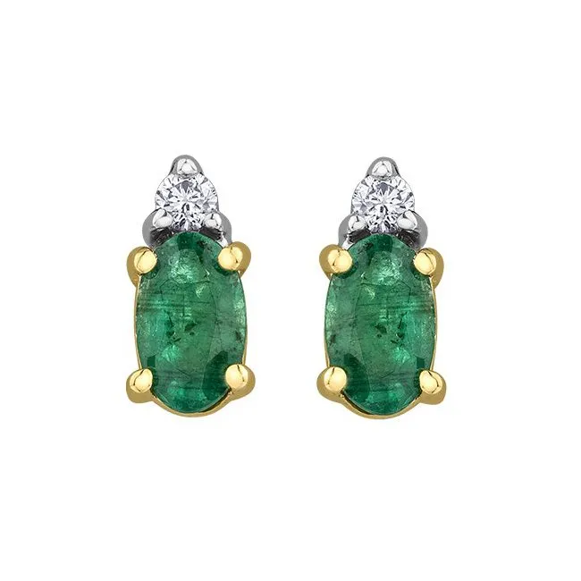 10K Yellow Gold Emerald and Diamond Stud Earrings