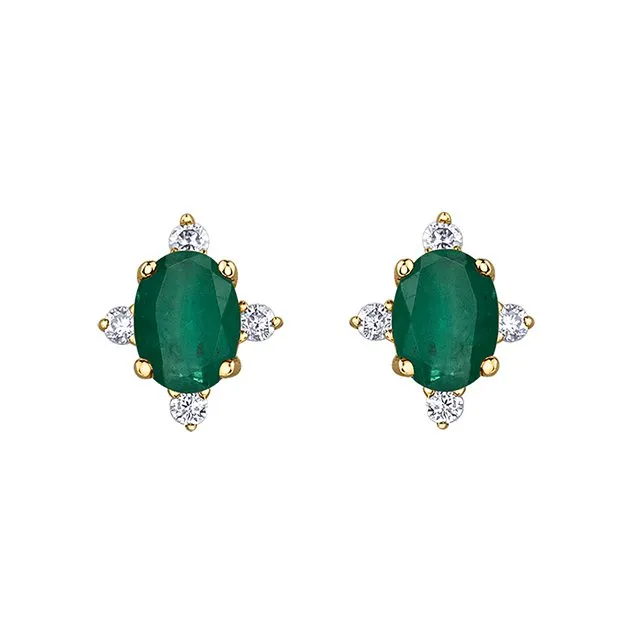 10K Yellow Gold (May) Birthstone Emerald and Diamond Stud Earrings