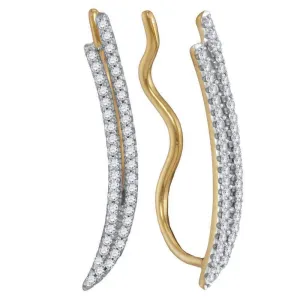 10K Yellow Gold Round Diamond Double Two Row Climber Earrings 1/4 Cttw