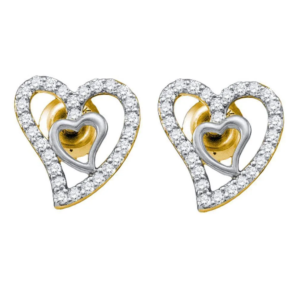 10K Yellow Gold Round Diamond Heart Earrings 1/5 Cttw