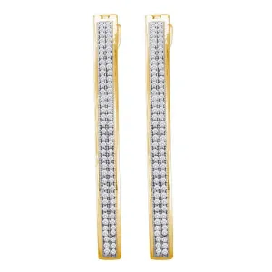 10K Yellow Gold Round Diamond Slender Double Row Hoop Earrings 1/2 Cttw