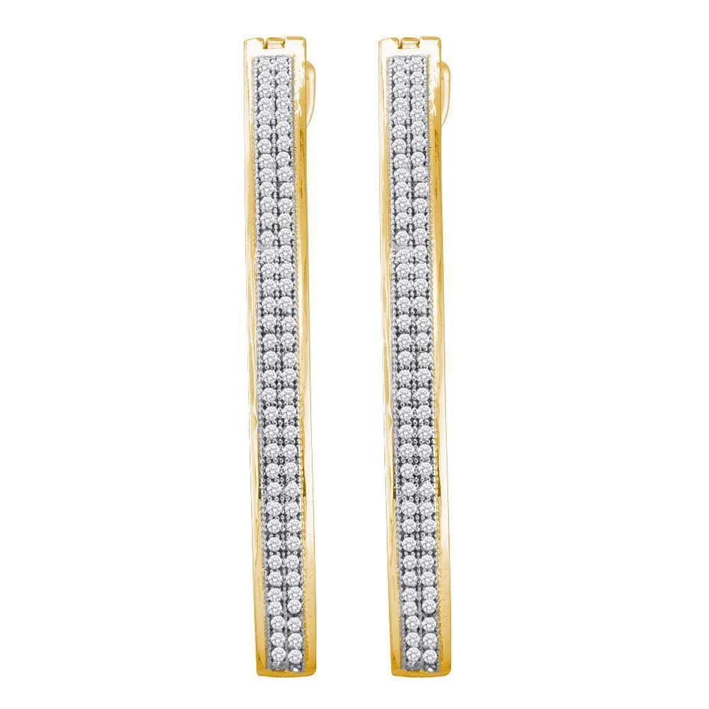 10K Yellow Gold Round Diamond Slender Double Row Hoop Earrings 1/2 Cttw