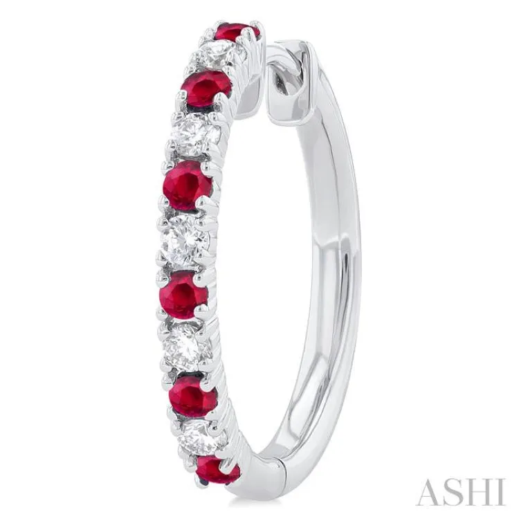 1/4 ctw Petite 1.80 MM Ruby and Round Cut Diamond Precious Fashion Huggies in 10K White Gold
