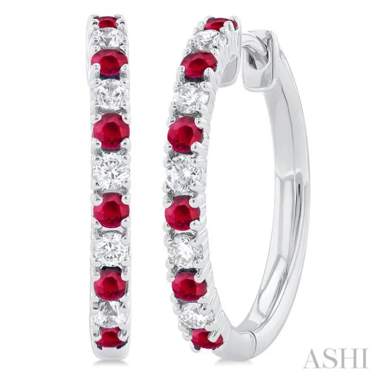 1/4 ctw Petite 1.80 MM Ruby and Round Cut Diamond Precious Fashion Huggies in 10K White Gold