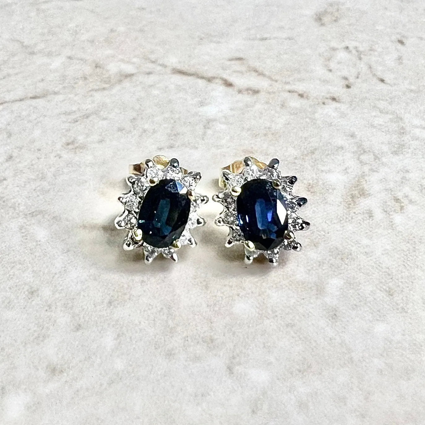14 Karat Two-Tone Oval Blue Sapphire & Diamond Halo Stud Earrings