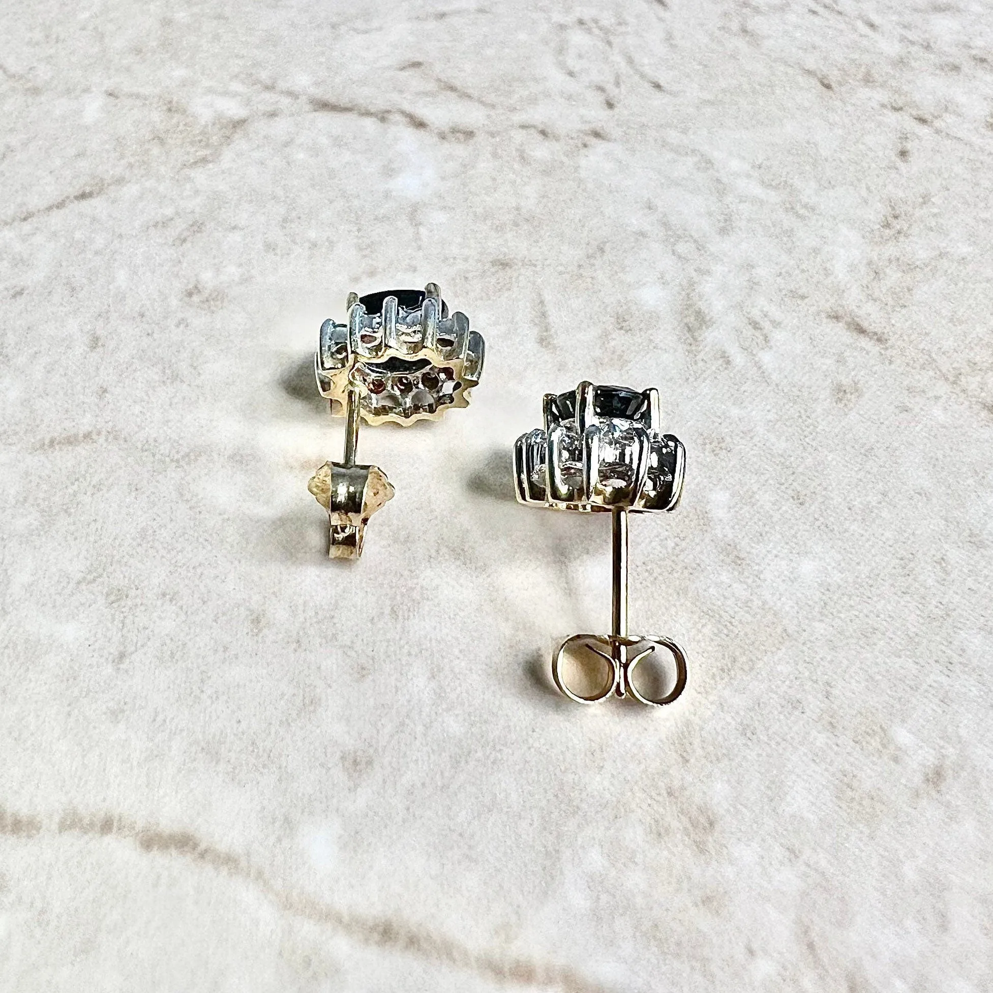 14 Karat Two-Tone Oval Blue Sapphire & Diamond Halo Stud Earrings