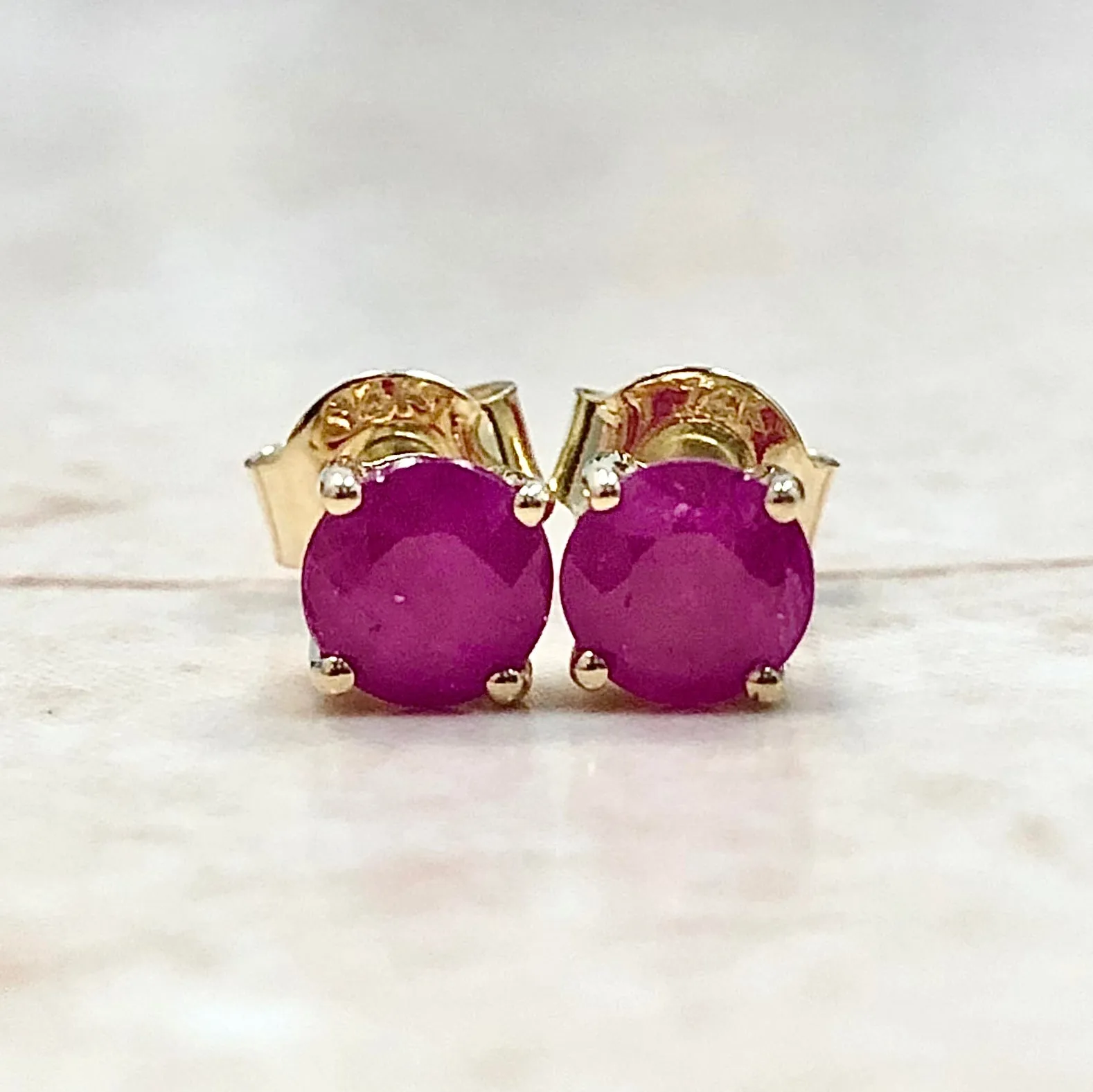 14 Karat Yellow Gold July Birthstone Natural Round Ruby Stud Earrings