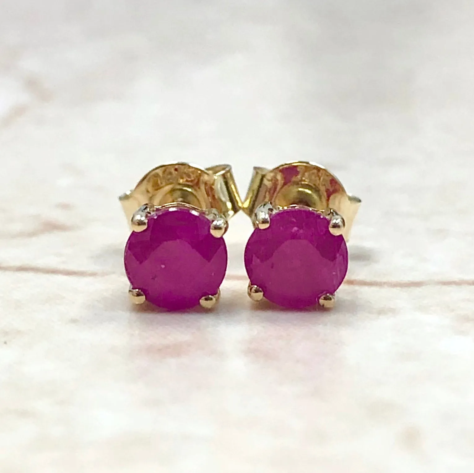 14 Karat Yellow Gold July Birthstone Natural Round Ruby Stud Earrings